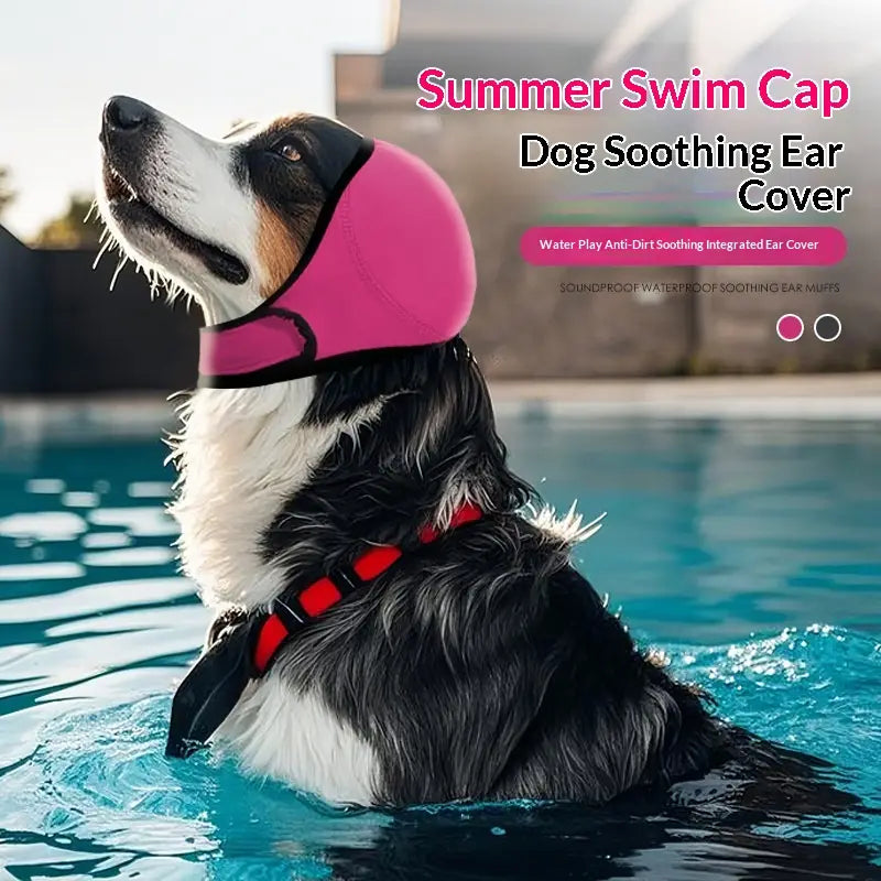 bonnet de bain en silicone rose à bordure noire, conçu comme protecteur d’oreilles de chien pour les jeux dans l’eau et la protection contre la saleté, en néoprène.
