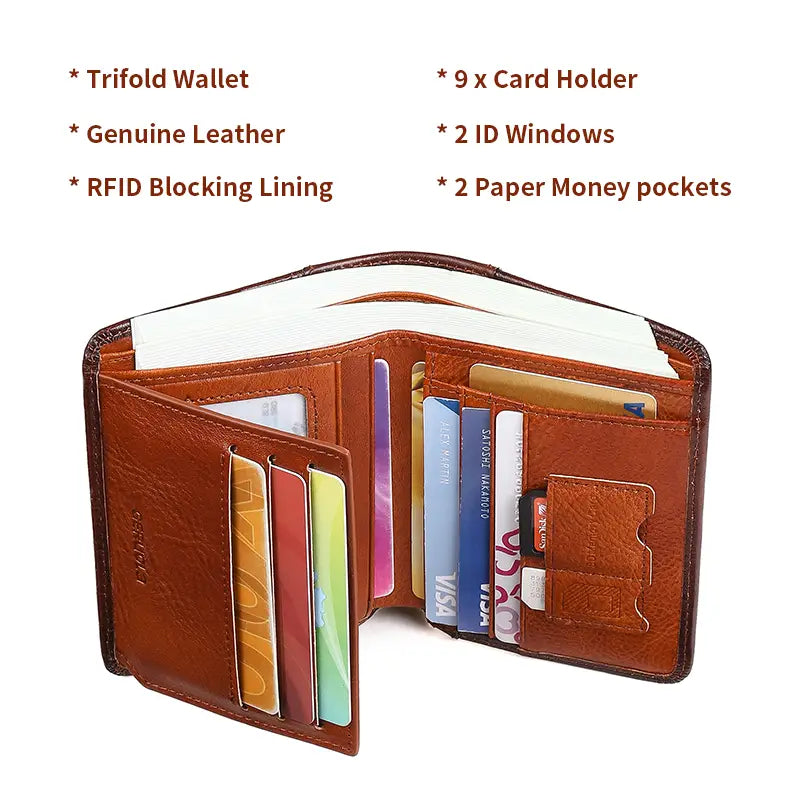 brown genuine leather men’s rfid trifold wallet with multiple card slots and zip coin pocket featuring rfid blocking lining