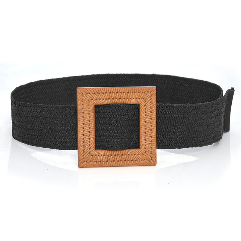 Black woven elastic belt with a square tan buckle and intricate braided texture.