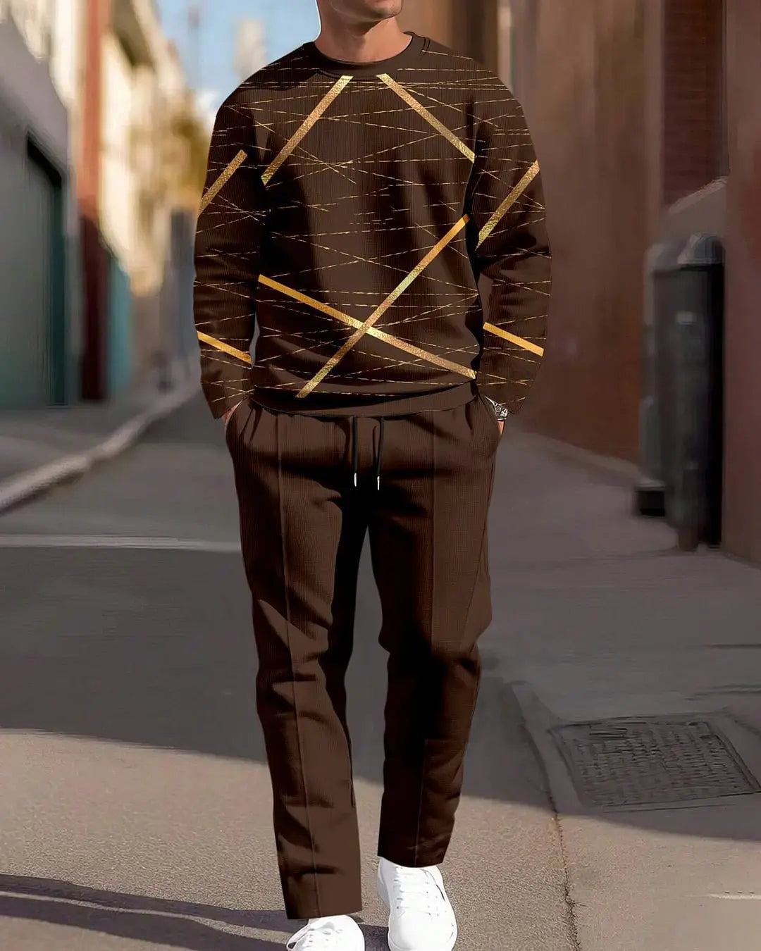 Sweat-shirt à carreaux pour hommes marron à manches longues, présentant un motif géométrique de lignes dorées entrecroisées, adapté à un usage décontracté