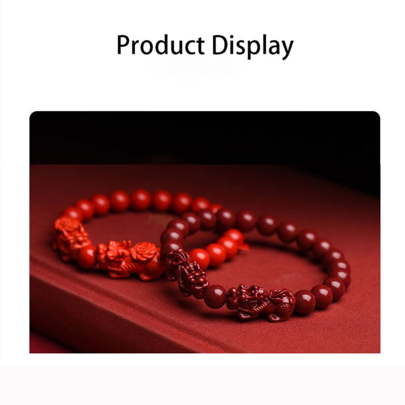 Red beaded hand carved purple gold cinnabar double Pixiu bracelet featuring dragon and flower charms.