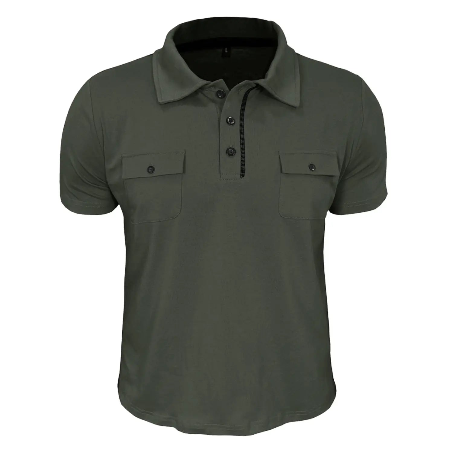 Men’s dark olive green short sleeve cotton blend polo shirt with classic collar and dual buttoned chest pockets.