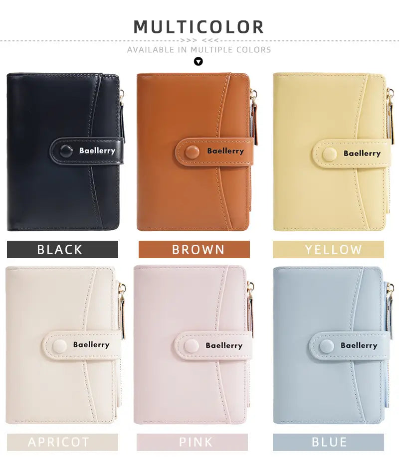 Cartera de mujer Baellerry multicolor hecha de cuero PU con diseño de cartera corta en negro, marrón, amarillo, albaricoque, rosa y azul.