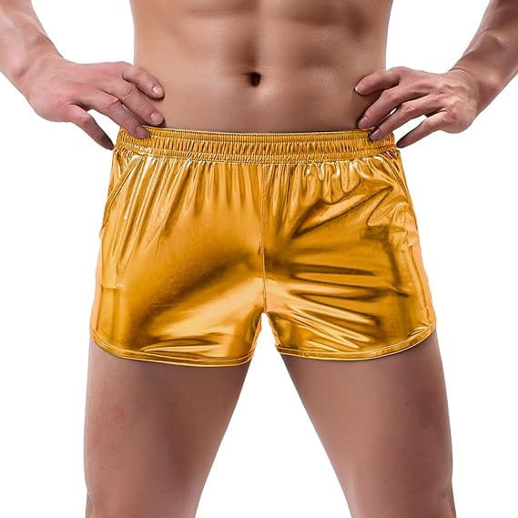 Mens shiny gold metallic casual shorts featuring an elastic waistband for comfortable wear.