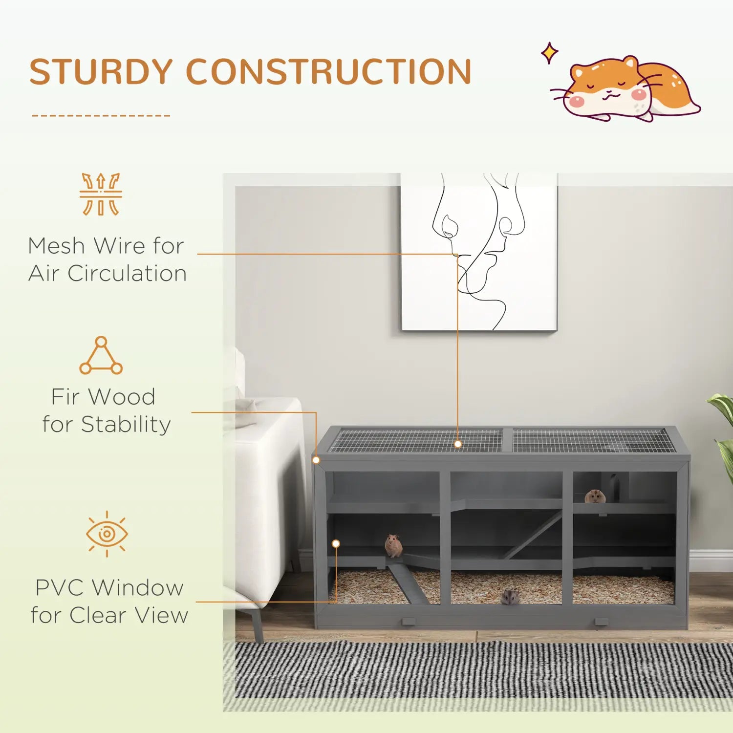 Wooden hamster cage multi-level small animal habitat with gray metal mesh wire top, fir wood sides, and pvc window for clear view.