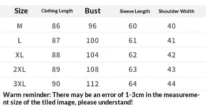 The image displays a size chart with measurements in centimeters for the quilted winter coat with fur collar available in sizes M through 3XL.