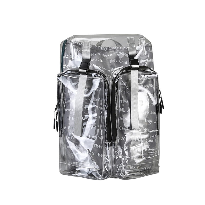 Transparent vinyl text print schoolbag backpack featuring a transparent design with repeating they card text pattern in gray, black zippers, and adjustable shoulder straps.