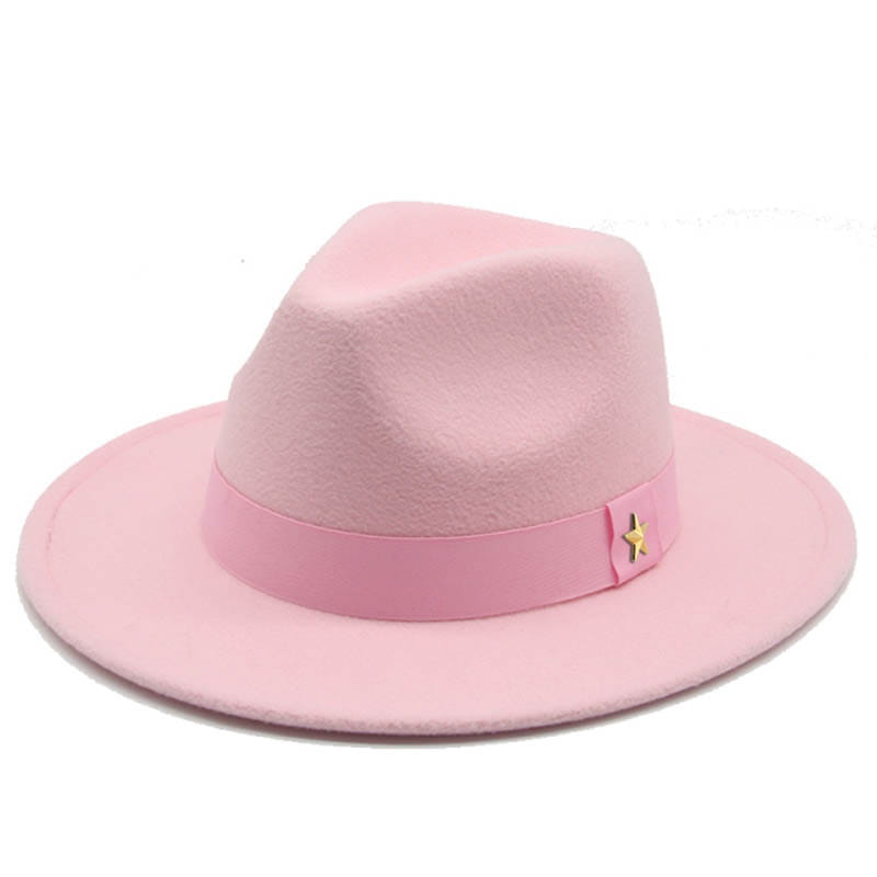 A soft pink wool felt fedora hat with a matching ribbon band and a small gold star accent.