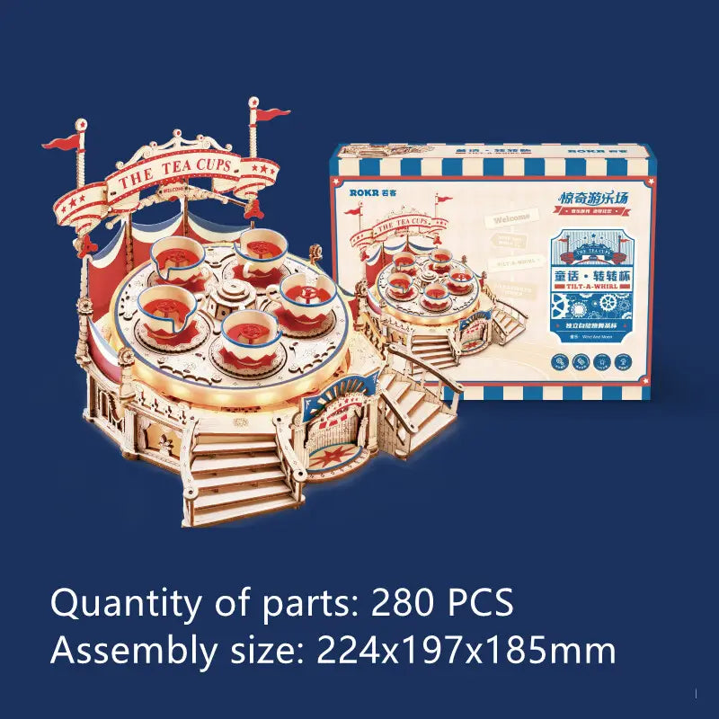 A wooden flying chair carousel 3d puzzle model toy featuring a vintage-style carousel with red and white wooden tea cups on rotating platforms and decorative flags and signage.