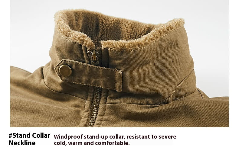 Men cotton shearling bomber jacket in tan canvas with a plush fleece-lined stand-up collar and zipper closure.