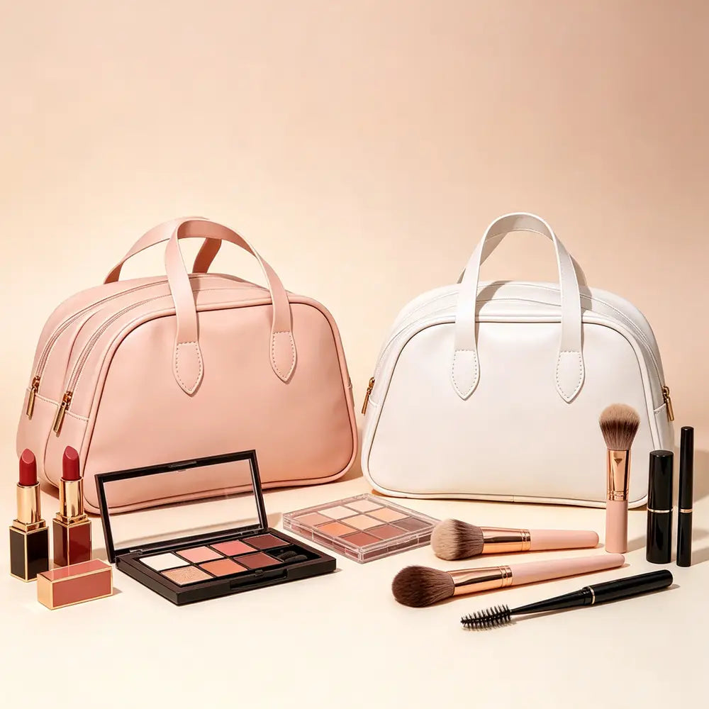 Trousse de maquillage de voyage en cuir rose, avec double poignées supérieures et fermetures éclair de tonalité dorée, pour un rangement de toilette imperméable.