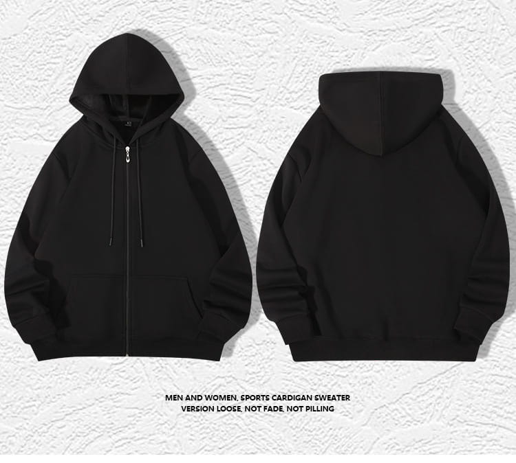 Herren-Schwergewichts-Fleece-Zip-Hoodie in Übergröße in Schwarz mit Kapuze, Frontreißverschluss und langen Ärmeln.