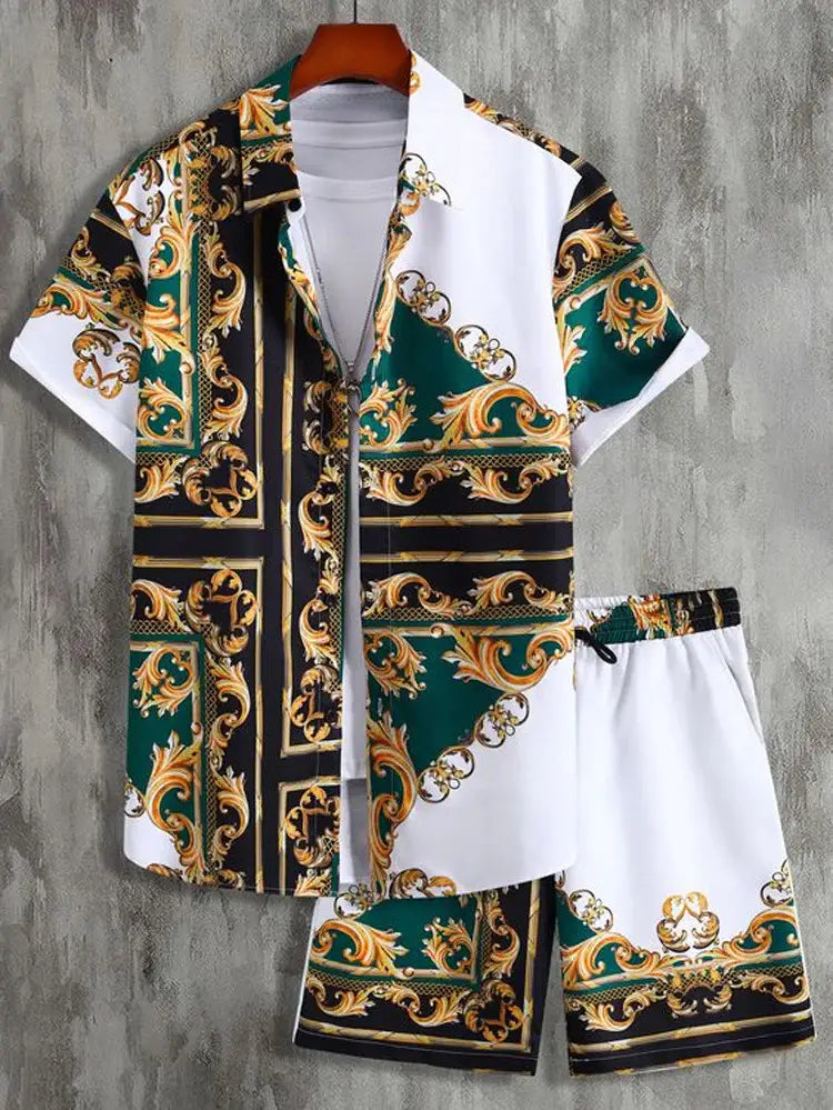 Men’s tropical print short sleeve shirt and shorts set featuring a white and emerald green baroque pattern with gold accents.