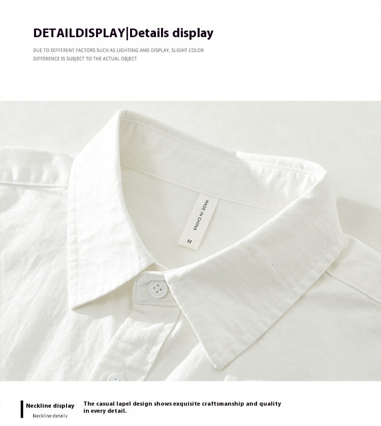 Chemise à manches longues en coton style japonais pour homme, avec un design blanc à ouverture boutonnée, un col classique et une couture soignée.