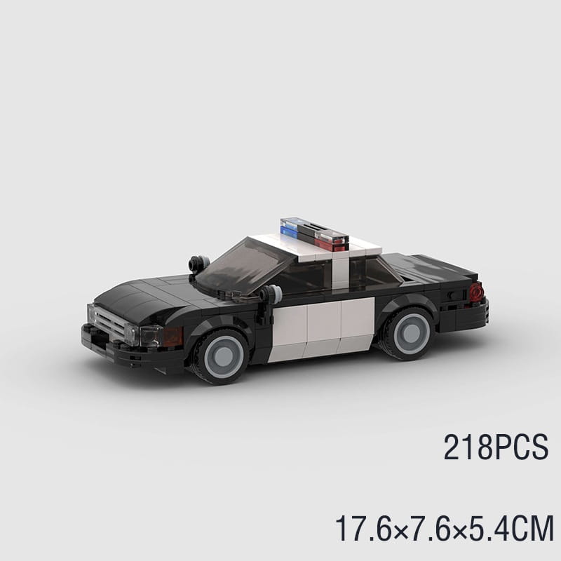 Bloques de construcción del modelo de coche de policía de lego en blanco y negro, con barra de luces roja, azul y transparente en el techo, para niños y adultos.