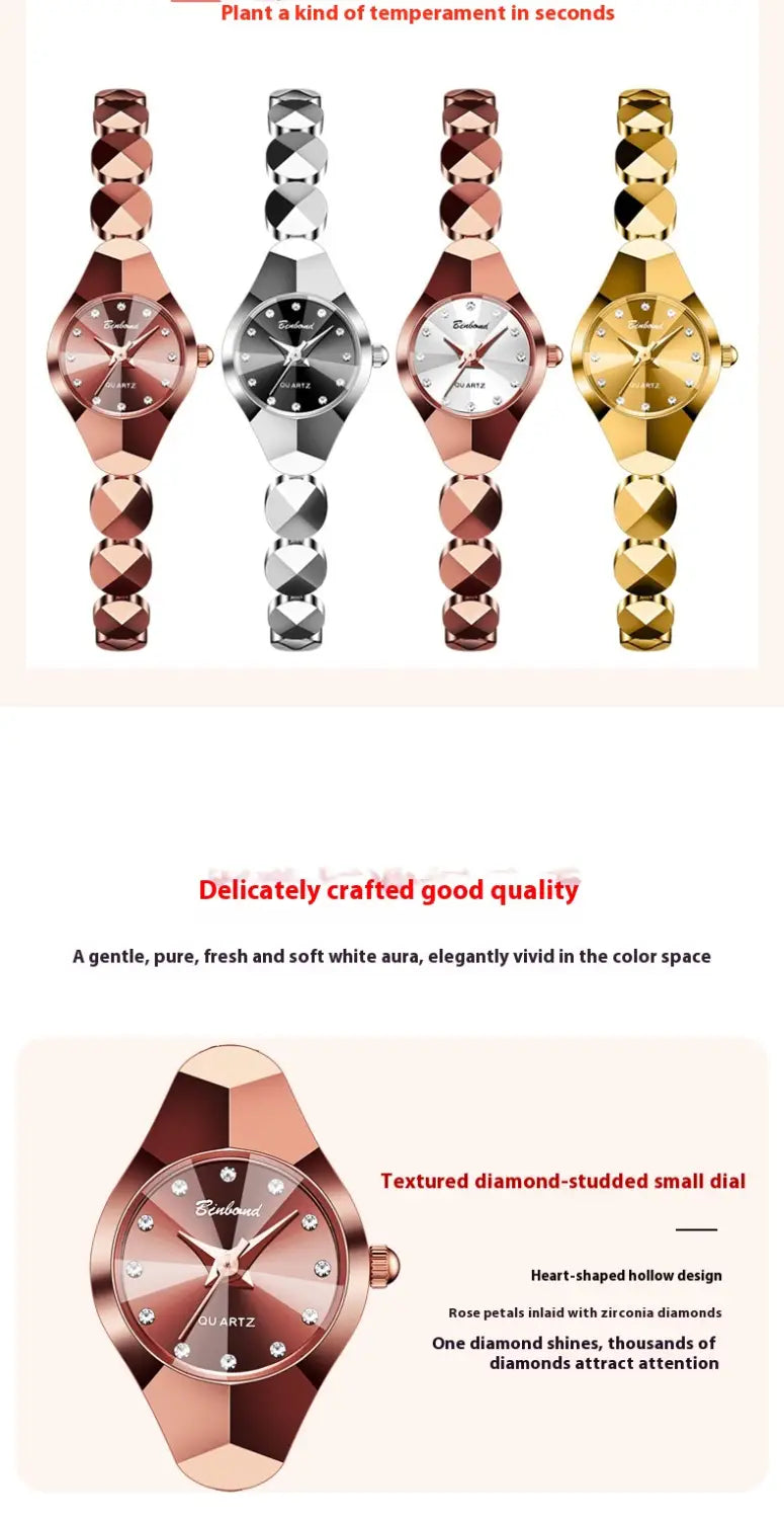Rose gold-tone diamond-studded women’s Luxe geometric faceted bracelet watch with a heart-shaped hollow dial and textured faceted band.
