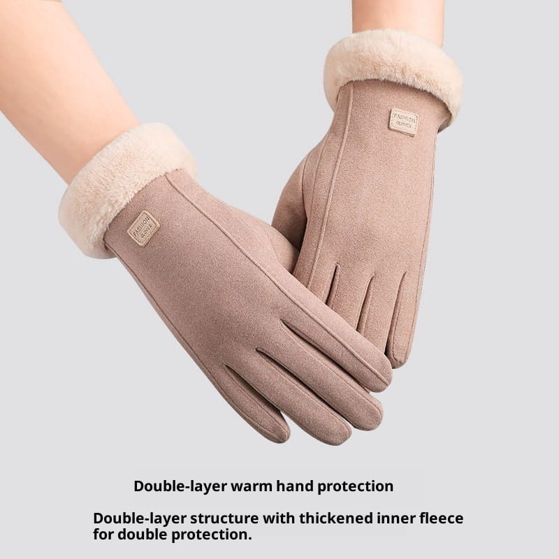 beige suede touchscreen gloves with plush white fur cuffs and a small brand patch on the back side designed for women’s thermal use