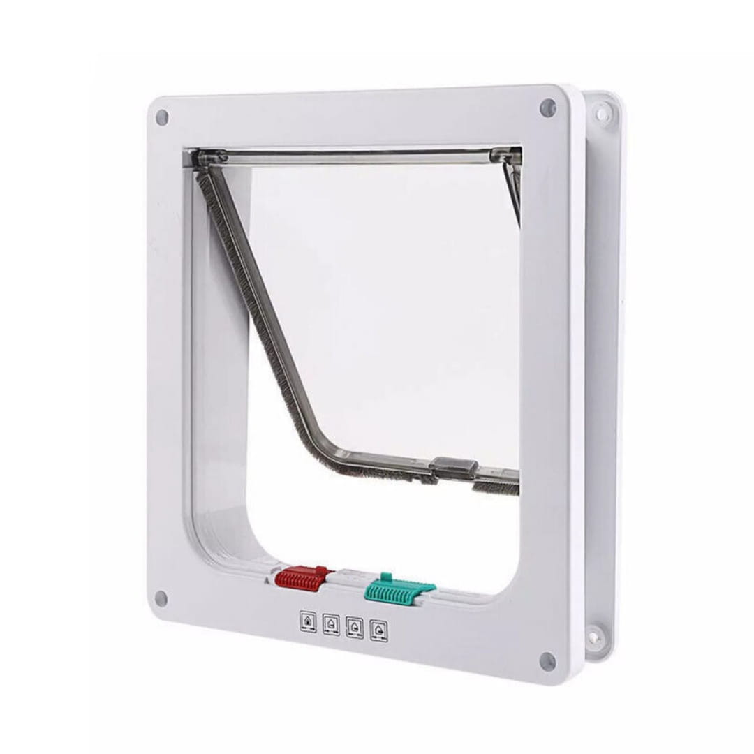 White plastic xl pet door with clear glass panel and metal flap featuring 4 way locking magnetic mechanism for dog and cat use.