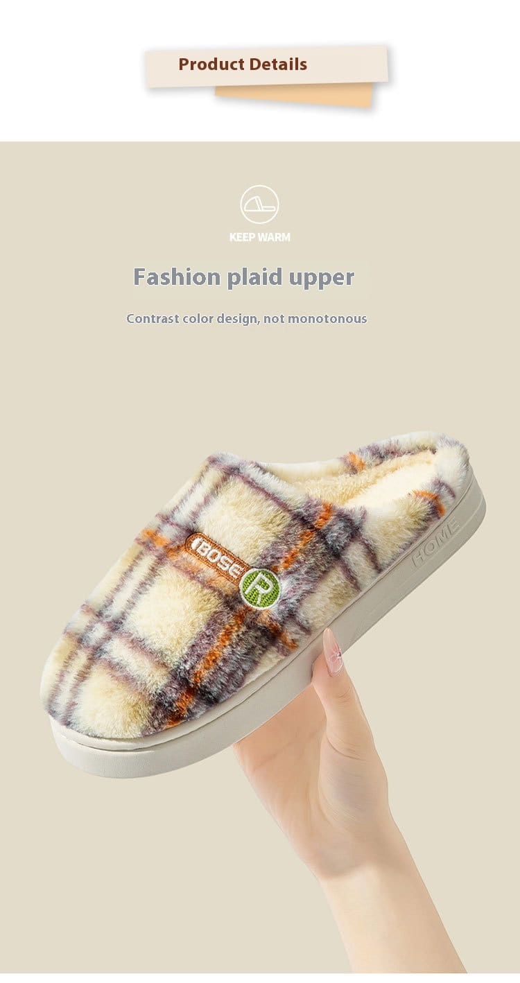 unisex plaid fleece lined non slip indoor slippers featuring a plush cozy slip-on mule design with a warm beige and orange plaid pattern on the upper