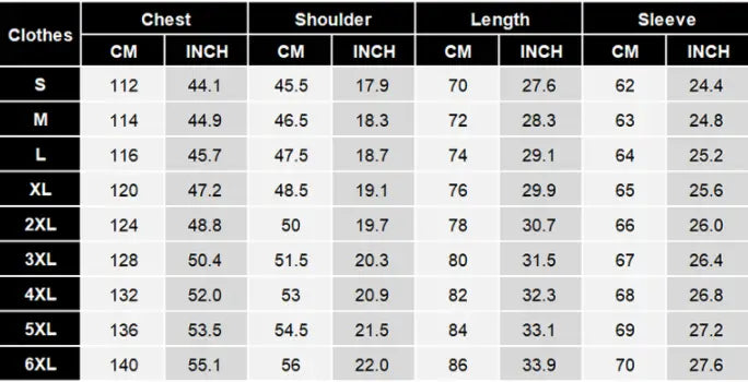 Size chart for a thick padded winter parka jacket for women showing measurements in centimeters and inches across sizes S through 6XL.