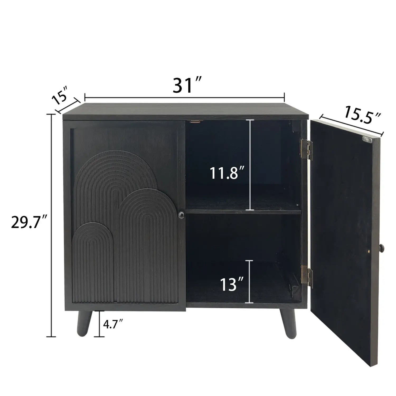 Black wood storage cabinet with a black metal curved ribbed panel design and tapered legs measuring 31 inches.