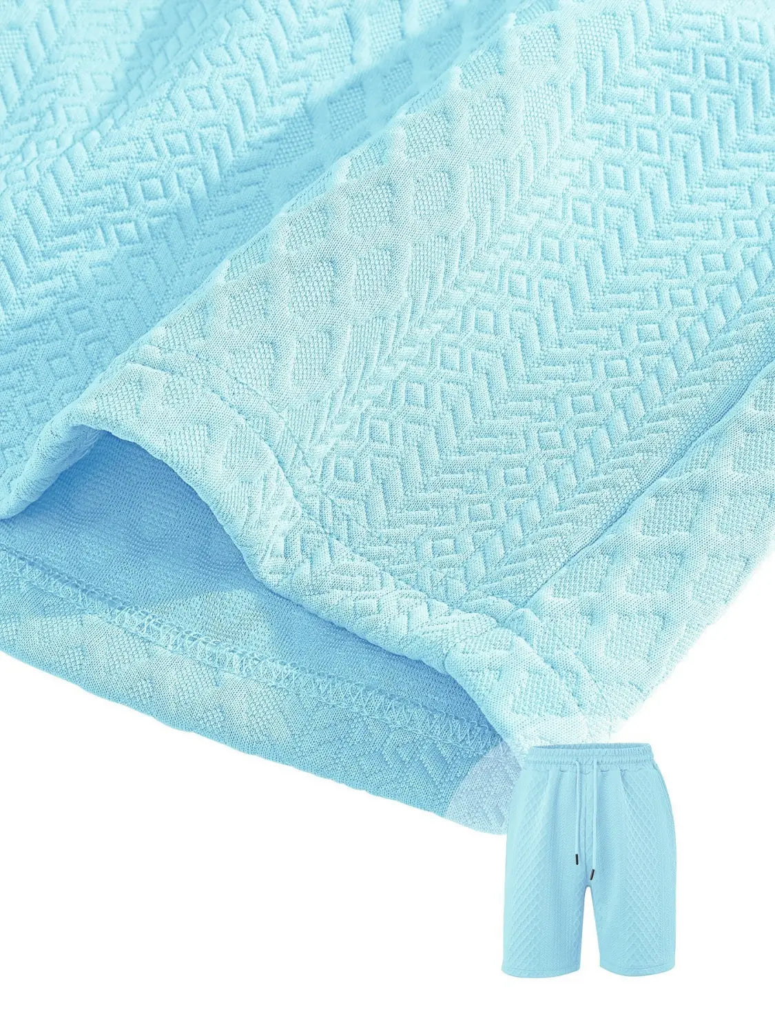 light blue men textured short sleeve polo suit shorts with diamond patterned fabric and drawstring waistband