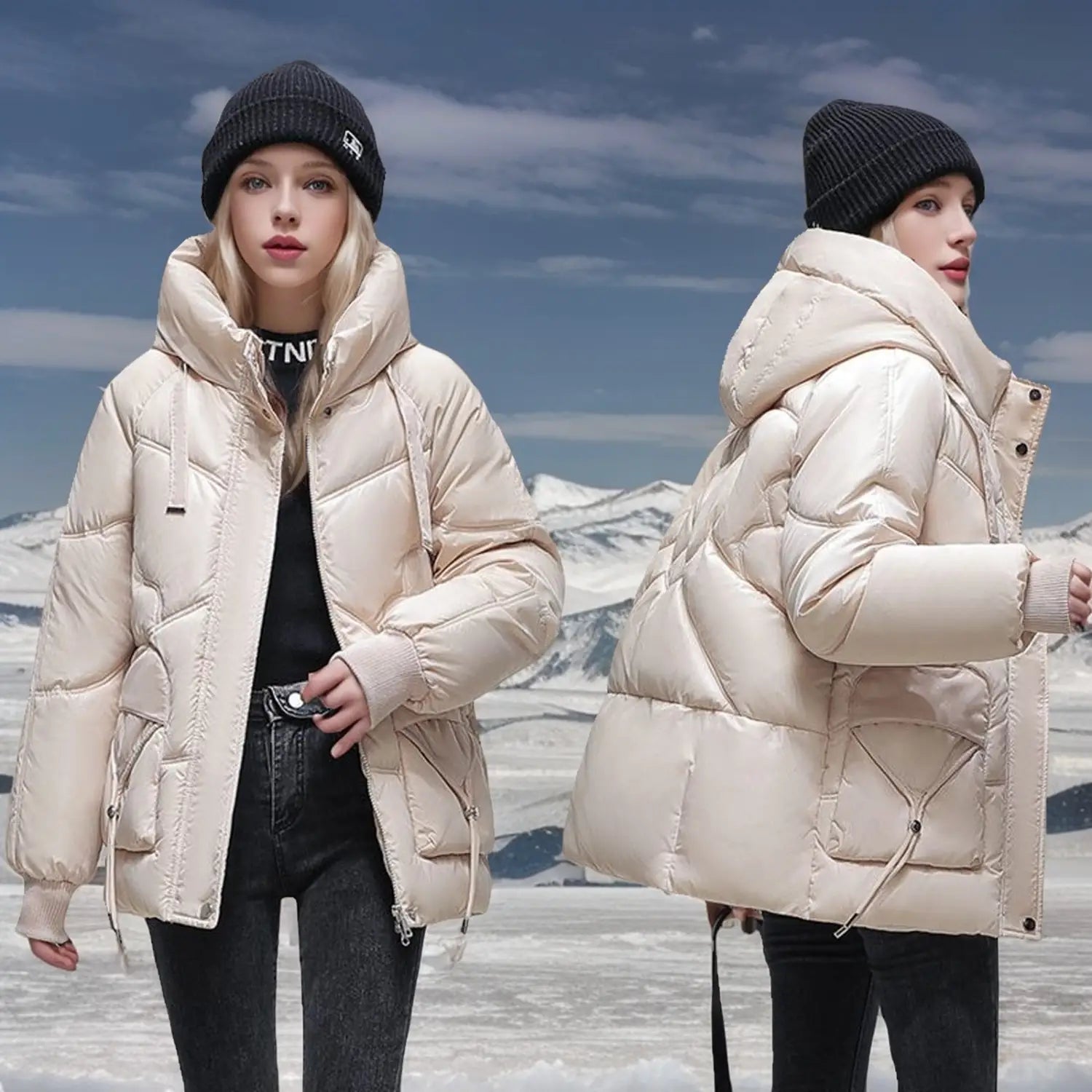 Cremefarbenes koreanisches lockeres Winter-Steppjackett mit Daunenoptik, mit gesteppter Daunenoptik, hohem Kragen und Verschluss mit vorderem Reißverschluss für die Nutzung bei kaltem Wetter.