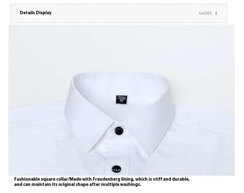 Herren Slim-Fit Business-Kleidhemd mit langem Arm in Weiß mit strukturiertem quadratischem Kragen und schwarzen Knöpfen.