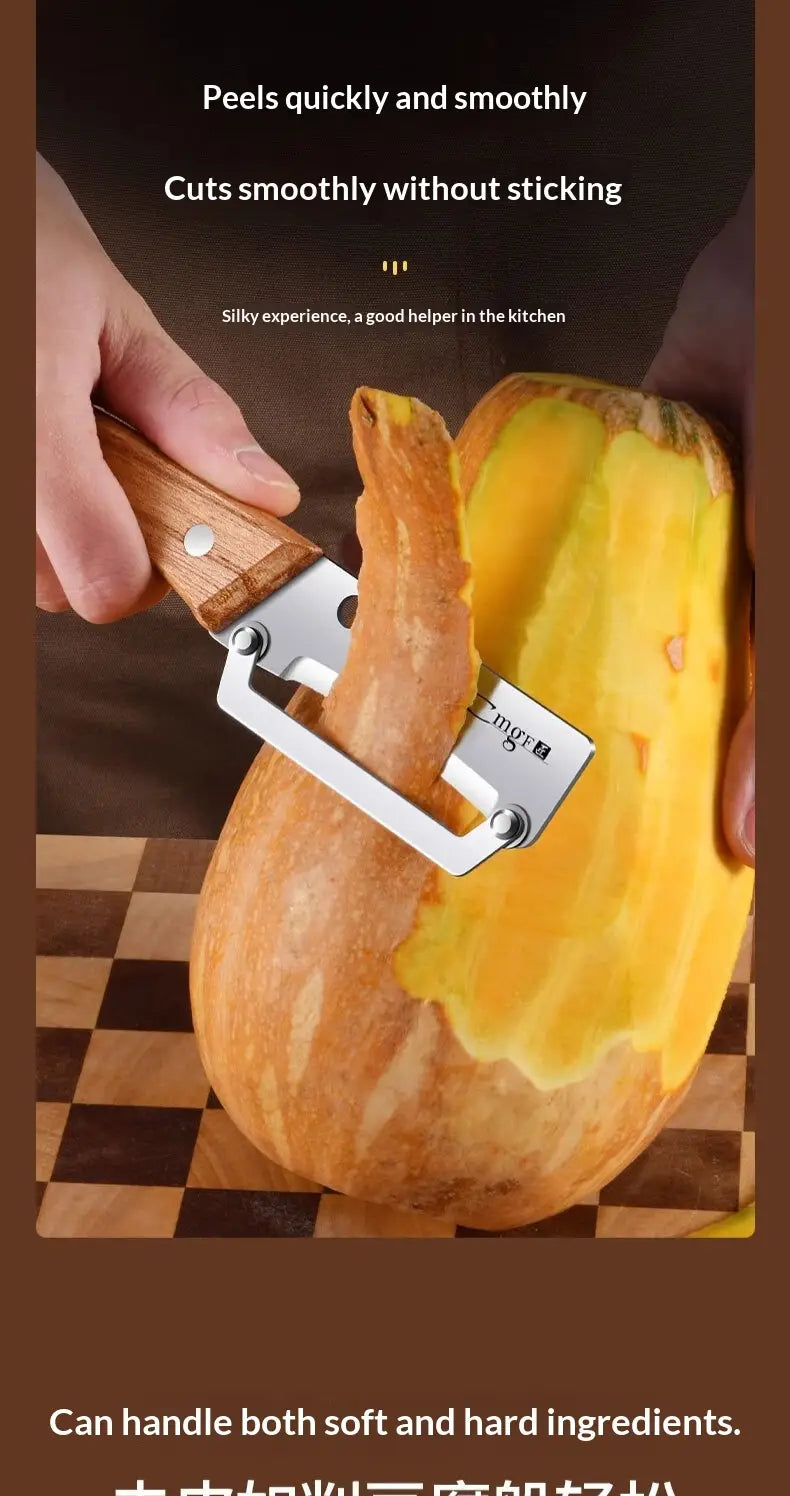 Silver stainless steel vegetable peeler with a wooden handle designed for smooth and efficient skin removal in a 2 piece set.