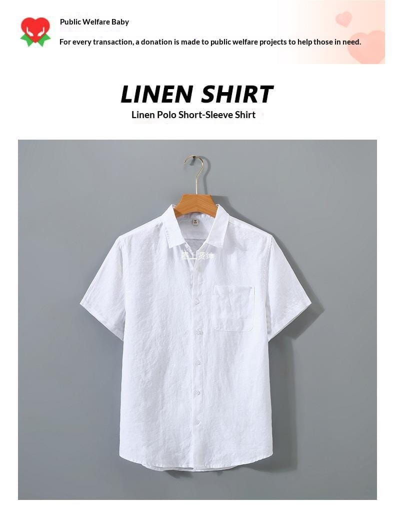 Men’s casual short sleeve pure linen button down shirt in white with a classic collar and button front design.