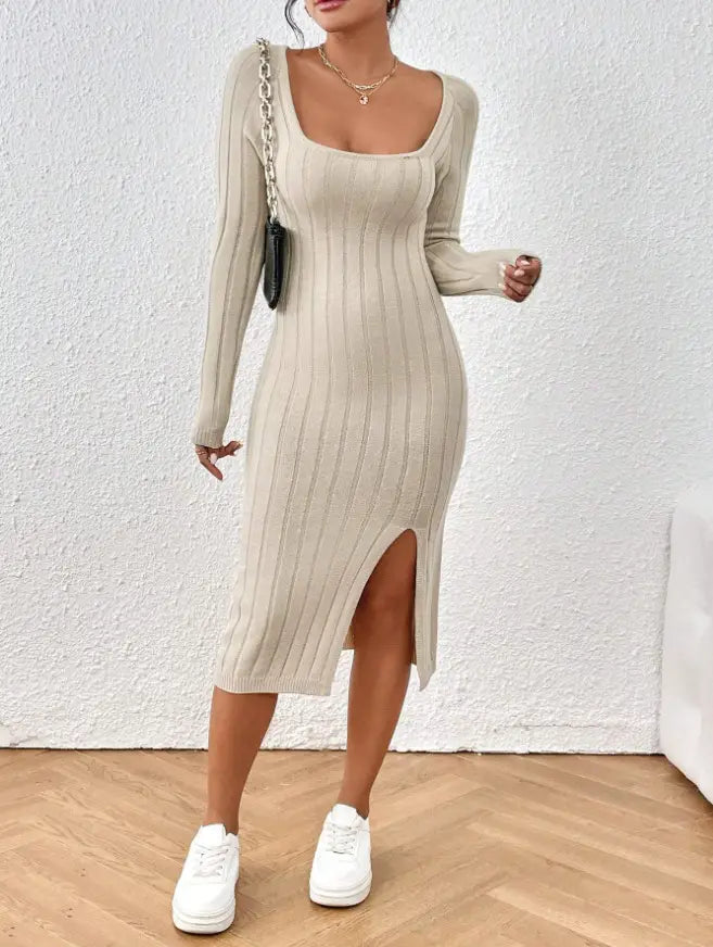 Beige ribbed knit long-sleeve midi dress with a square neckline and side slit.