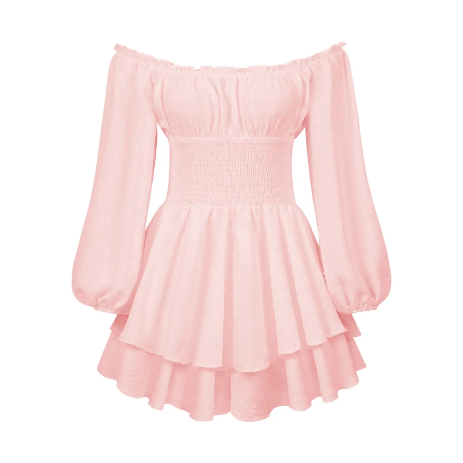 A soft pink off shoulder long sleeve mini dress featuring puffy sleeves and a tiered ruffle skirt.
