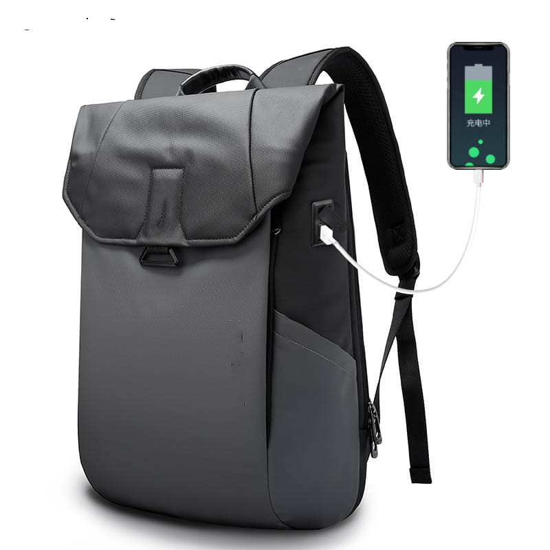 Black nylon laptop backpack with integrated usb charging port and sleek roll-top design shown from the back suitable as a minimalist school bag.