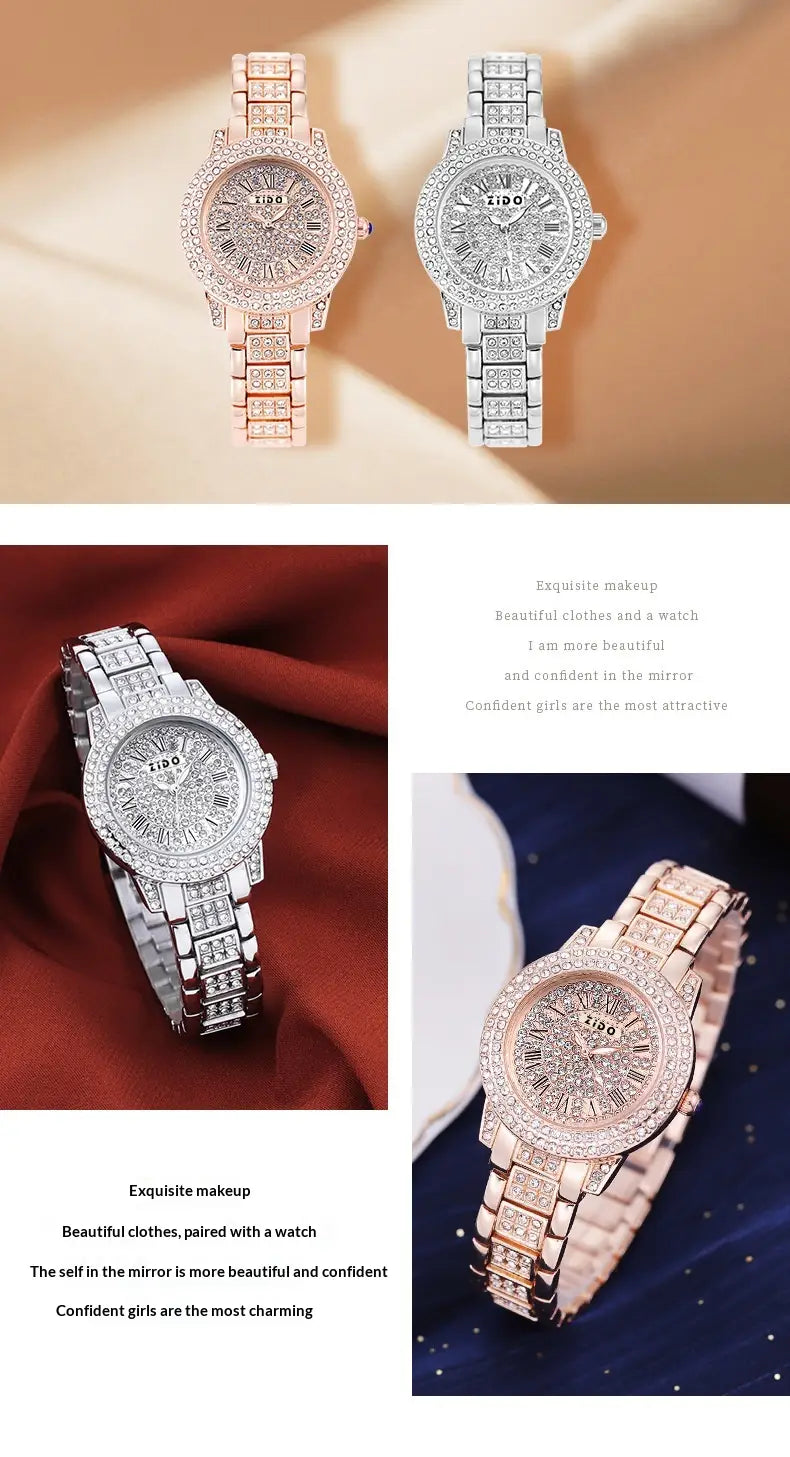 Two elegant Ziio watches in rose gold and silver featuring diamond-studded bezels and intricate face designs from the Rose Gold Ziio Diamond Encrusted Women’s Quartz Watch collection.