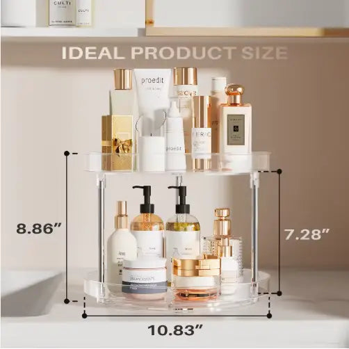 Clear acrylic two-tier rotating vanity organizer with sleek minimalist design shown from the front in a pack of 2 for spice storage and cosmetics.