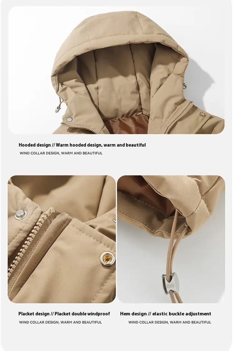 Beige Damen-Kapuzensteppjacke mit wattierter Polsterung mit doppeltem winddichtem Vorderlatz, elastischem Verschluss am Saum und Kapuze.