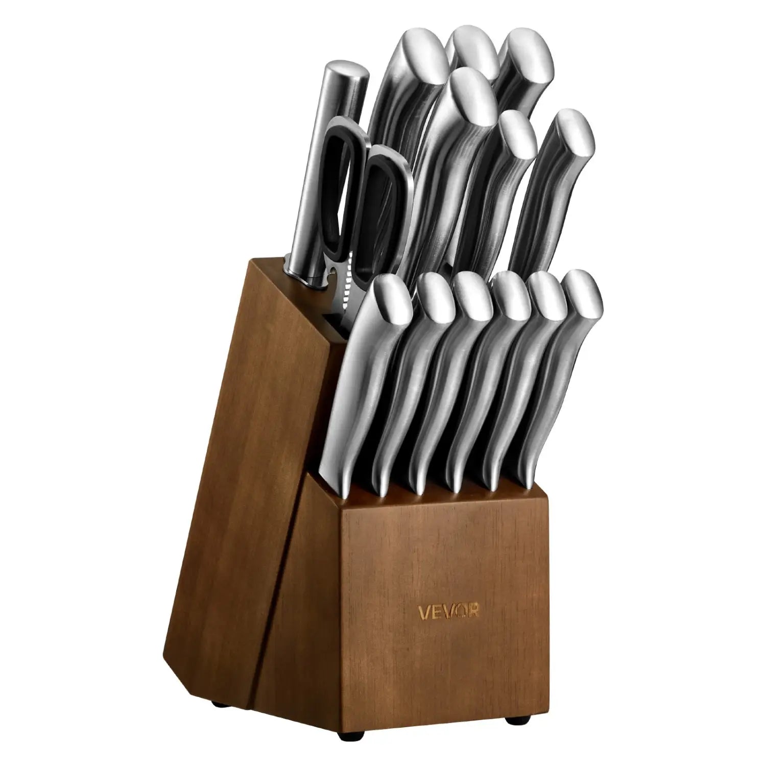Cuchillos de acero inoxidable con mangos ergonómicos elegantes dispuestos en un bloque de madera de un juego de cuchillos de cocina de 15 piezas de acero alemán con bloque.