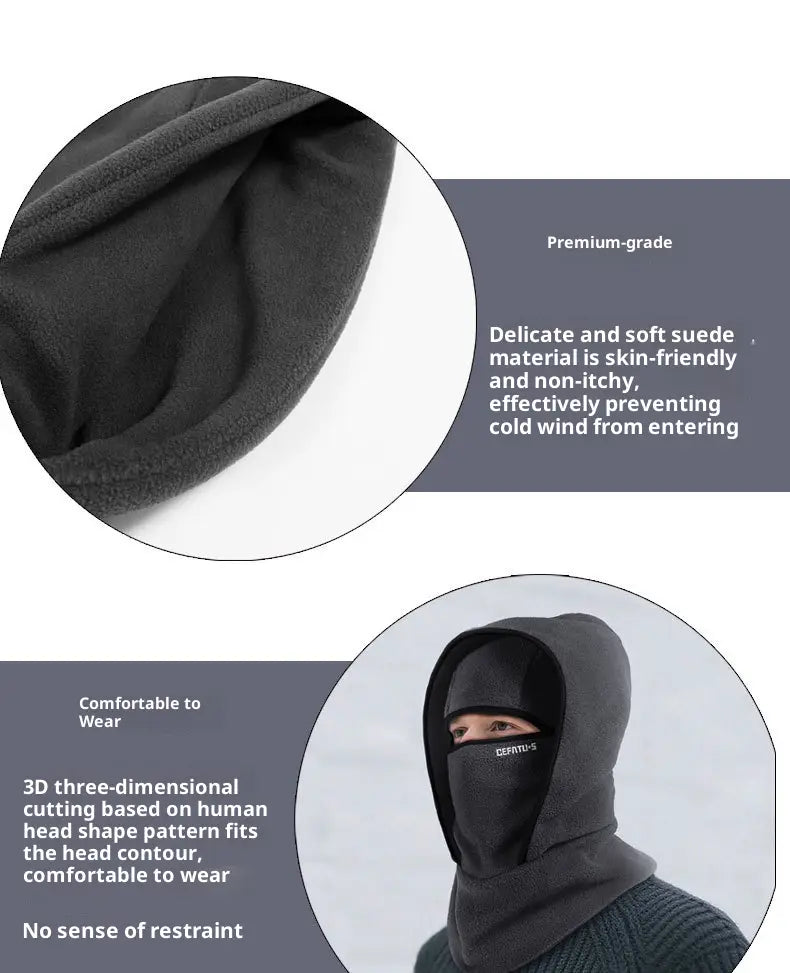 Black suede fleece balaclava winter hat scarf set with hood and face covering shown from the back side