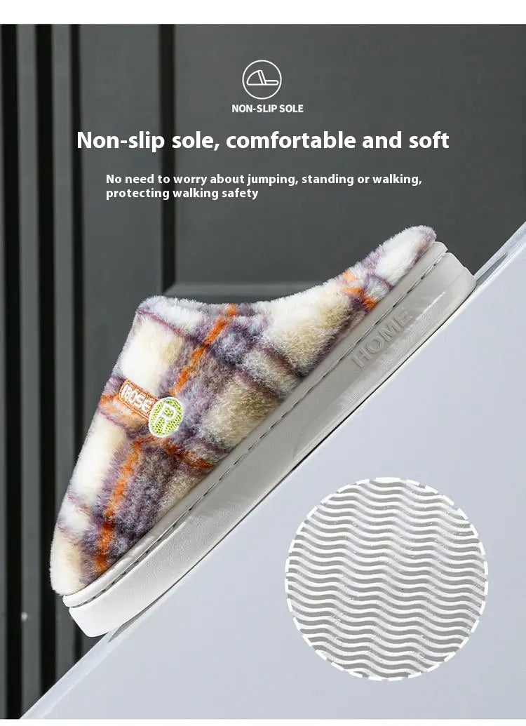 Plush slip-on house shoe with a soft multicolored plaid fleece lining and white non-slip rubber sole for indoor use.