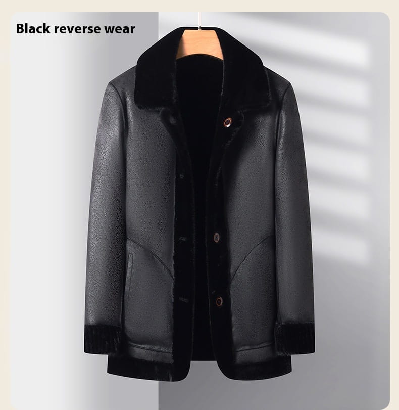 Black shearling faux fur winter coat for men with plush fur-lined collar and cuffs and a sleek matte finish.