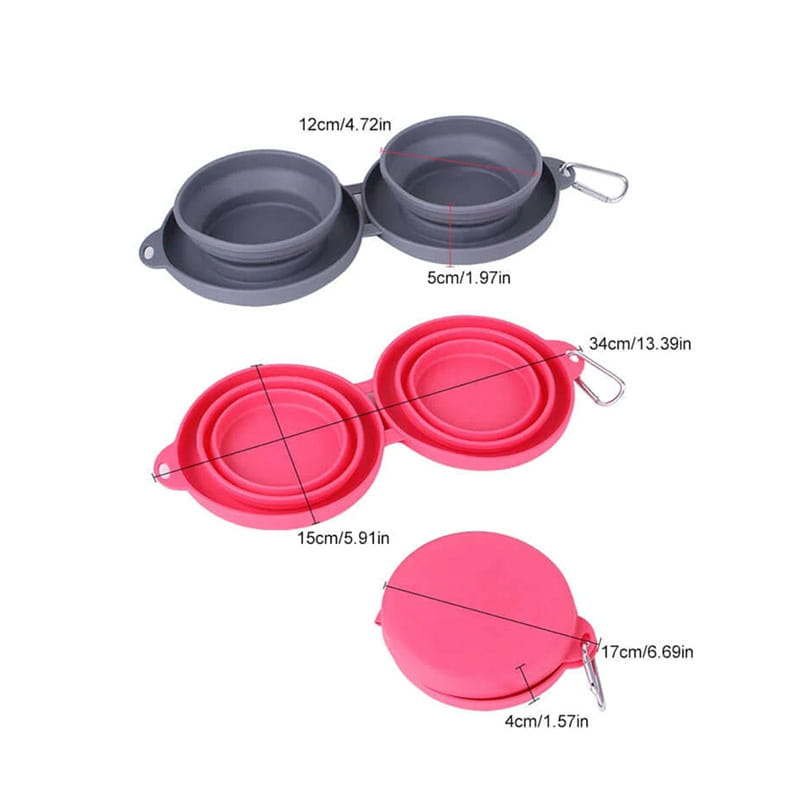 Gray and pink collapsible silicone dog bowls with metal carabiner clips in a double silicone travel set designed for portability and convenience.