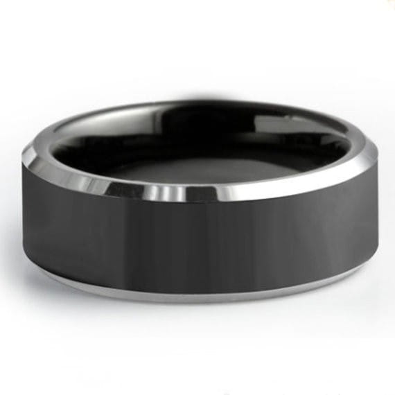 Black tungsten wedding ring with green aluminum 8mm featuring a sleek polished silver inner and outer edge.