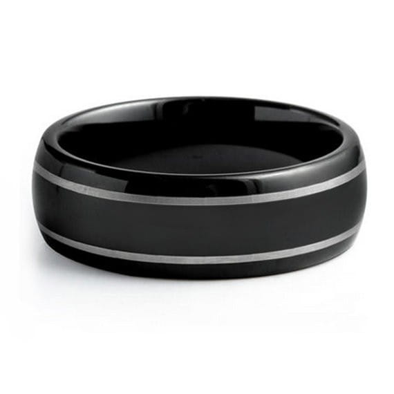 Black tungsten carbide wedding band with two polished silver inlays featuring green aluminum accents in an 8mm width.