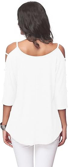 White off-shoulder cut-out top with cold-shoulder design three-quarter sleeves and a relaxed fit.