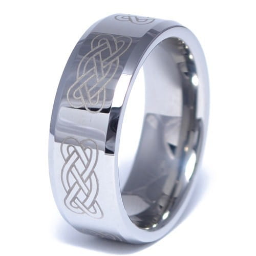 A sleek silver-toned tungsten carbide wedding band with intricate celtic knot engraving and green aluminum accents measuring 8mm.