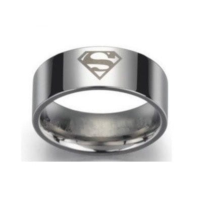Black tungsten wedding ring with an 8mm width featuring a silver Superman logo ring with a sleek polished metallic finish and green aluminum accents.