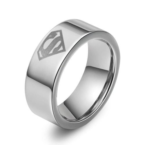 Black tungsten wedding ring with green aluminum 8mm featuring a silver Superman logo ring with a sleek polished metallic finish and bold engraved emblem.