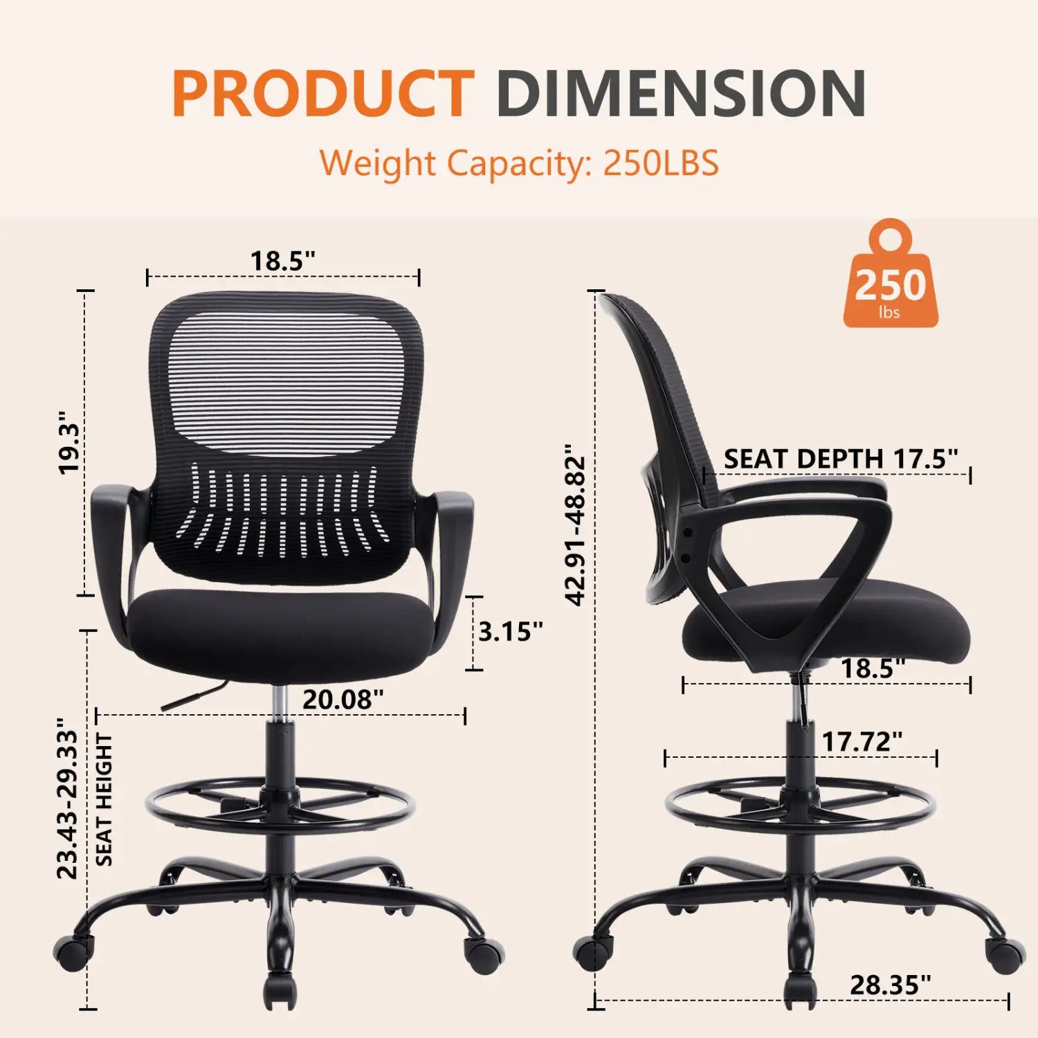 Chaise de dessin ergonomique à hauteur élevée, tabouret pour bureau debout, avec dossier en maille noire, assise rembourrée, roulettes et piètement cinq étoiles robuste, illustrée depuis l’arrière.