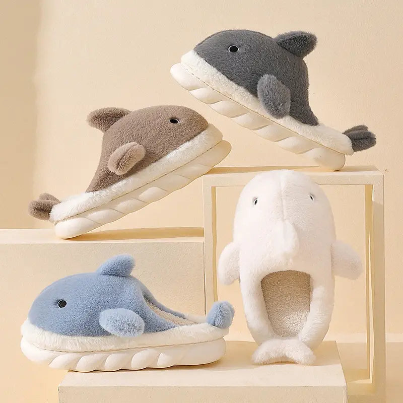 Soft plush dolphin-shaped slippers in gray brown blue and white designed as shark slippers plush animal dolphin whale house shoes.