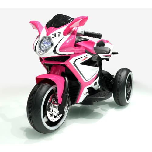 Pink and white 6v kids electric ride on motorcycle with black accents and sporty design featuring the number 37 on the front fairing.
